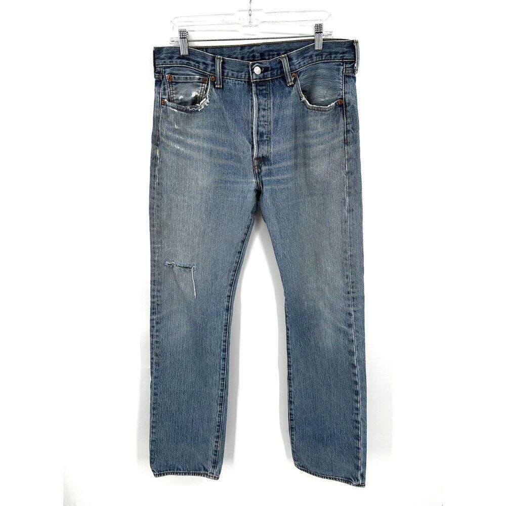 LEVI'S Men's 501 Distressed Button Fly Straight Leg Denim Blue Jeans 34 x 34